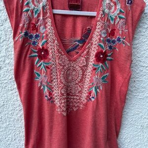 Johnny Was Coral Embroidered Blouse